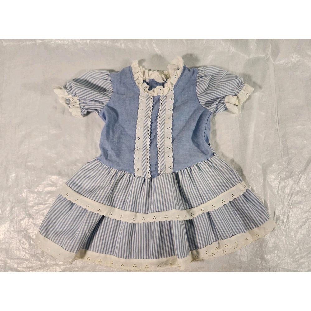 Vintage Evy Girls 4T Blue White Ruffle Cotton Alice Dress 4 Lace Vtg USA Made